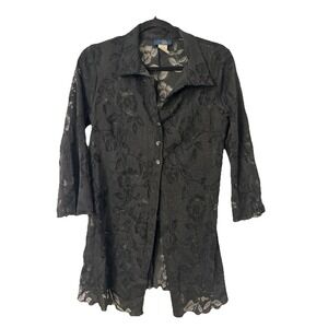 VTG Rag Button Top Cardigan Large Black Sheer Floral Design 3/4 Sleeve Y2K Goth